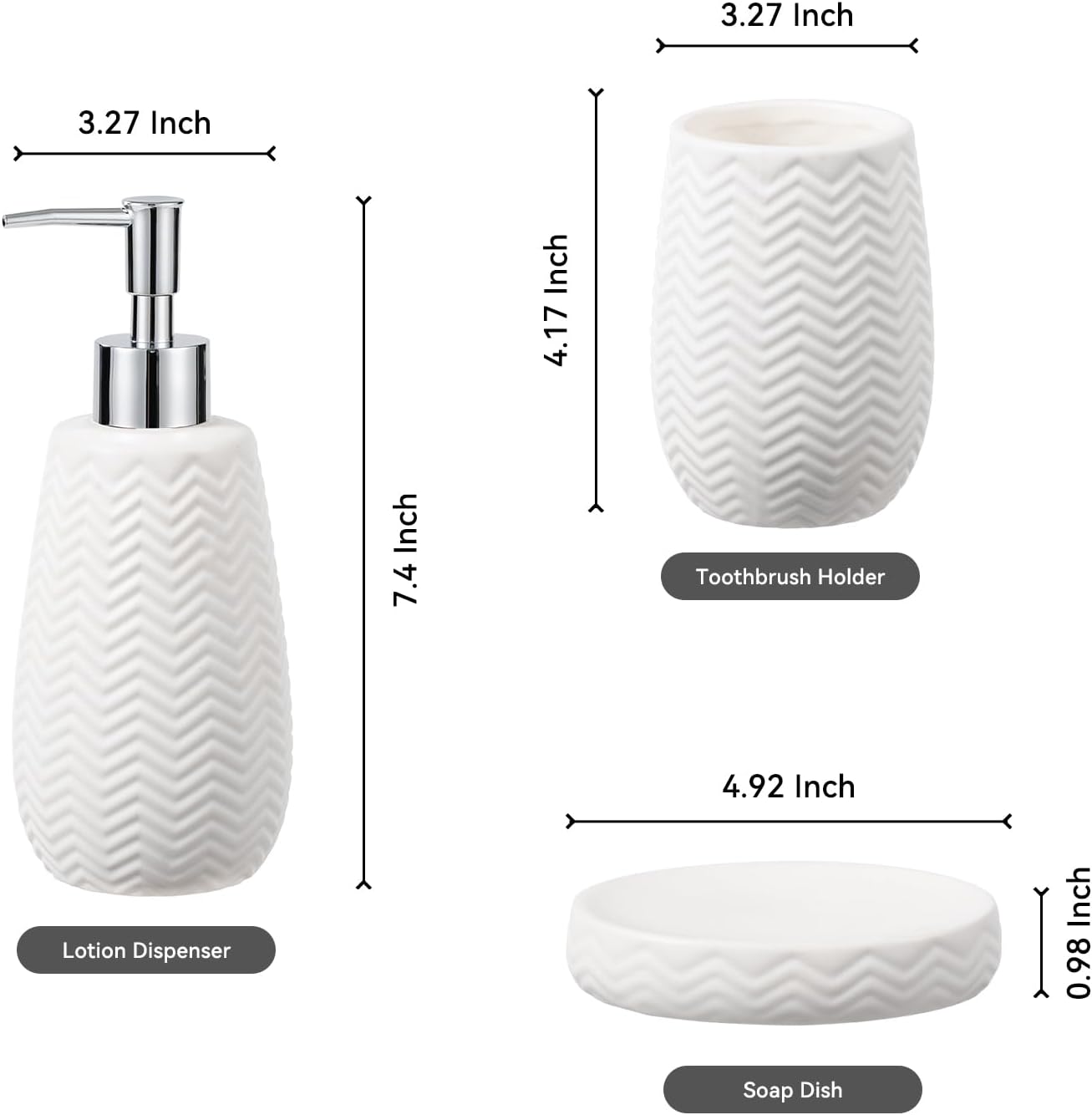 White Bathroom Accessories Set, 3pcs Ceramic Wave Design Farmhouse Decor, Complete countertop Bathroom Decor with soap Dispenser，Toothbrush Holder and soap Dish for Stylish Bathroom Organization