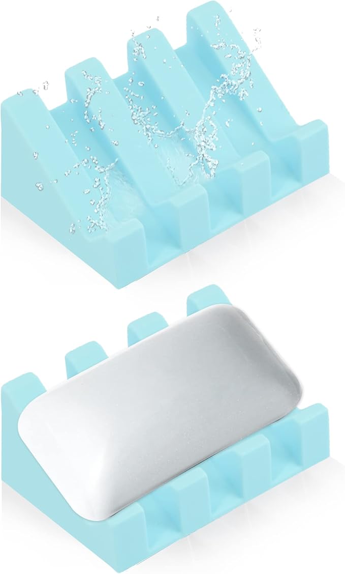 Silicone Soap Dish for Bar Soap Holder for Shower Bathroom Self Draining Waterfall Drying Tray Keep Soap Bars Dry Clean & Easy Cleaning (Sky Blue,2)