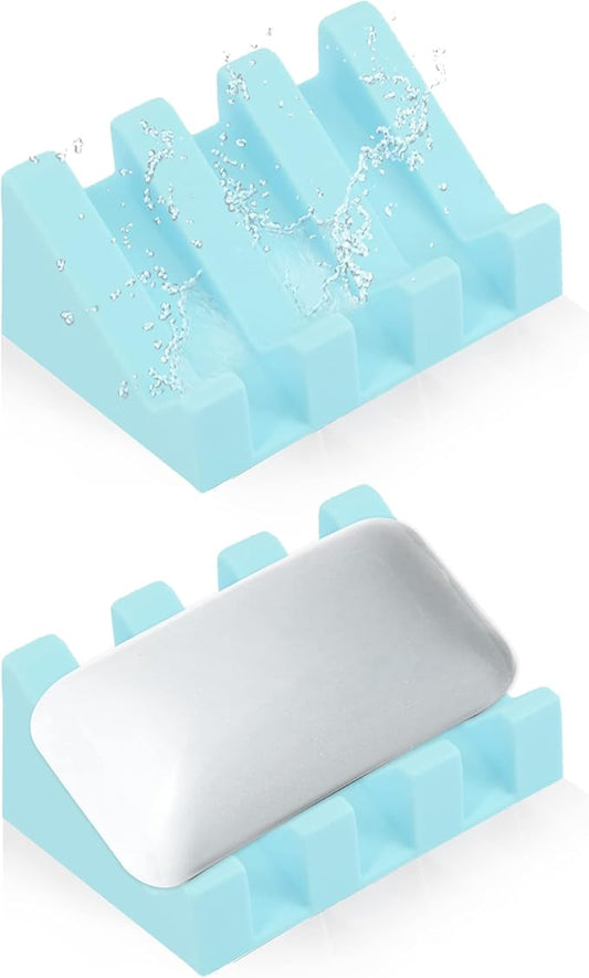 Silicone Soap Dish for Bar Soap Holder for Shower Bathroom Self Draining Waterfall Drying Tray Keep Soap Bars Dry Clean & Easy Cleaning (Sky Blue,2)