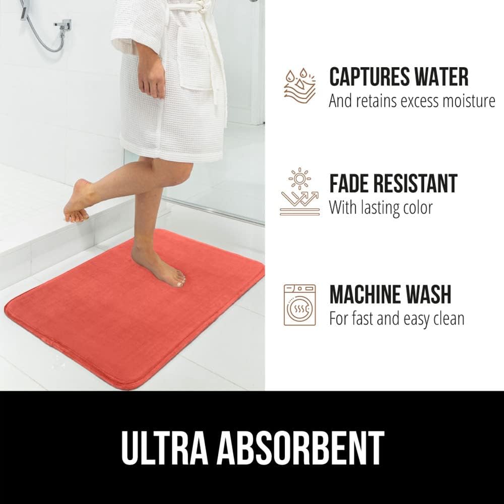 GORILLA GRIP Memory Foam Bath Mat, Soft Absorbent Velvet Bathroom Mats, Durable Dots on Underside, Machine Washable Bathmat, Carpet Rug Room Decor for Shower Tub Floor RV, 24x17 Rugs, Coral