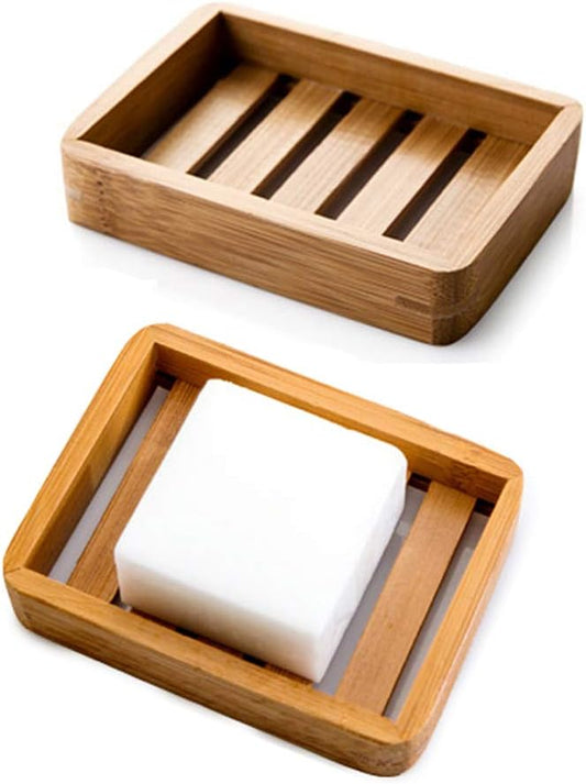 Kaxich 2 Pack Bamboo Wooden Soap Dish Shower Soap Storage Holder Saver Soap Tray Plate for Bathroom Shower Vanities Kitchen Sink