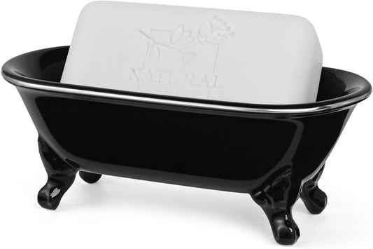 6.5" Ceramic Mini Decorative Clawfoot Bathtub Bar Soap Dish, Kitchen Sponge Holder and Shower Tray for Bathroom, 1 Pack (Black Silver Rim)