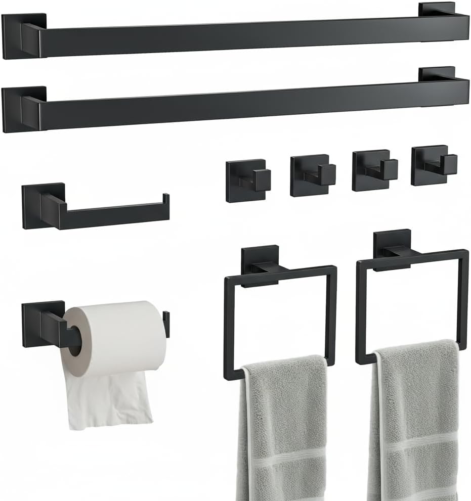 10 Pcs SUS304 Stainless Steel Bathroom Accessories Set, 23.6" Towel Bar, Toilet Paper Holder, Rectangular Towel Ring, Towel Hooks, Minimalist Design for All Styles Bathrooms (Matte Black)