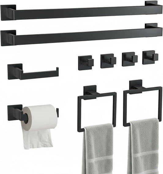 10 Pcs SUS304 Stainless Steel Bathroom Accessories Set, 23.6" Towel Bar, Toilet Paper Holder, Rectangular Towel Ring, Towel Hooks, Minimalist Design for All Styles Bathrooms (Matte Black)
