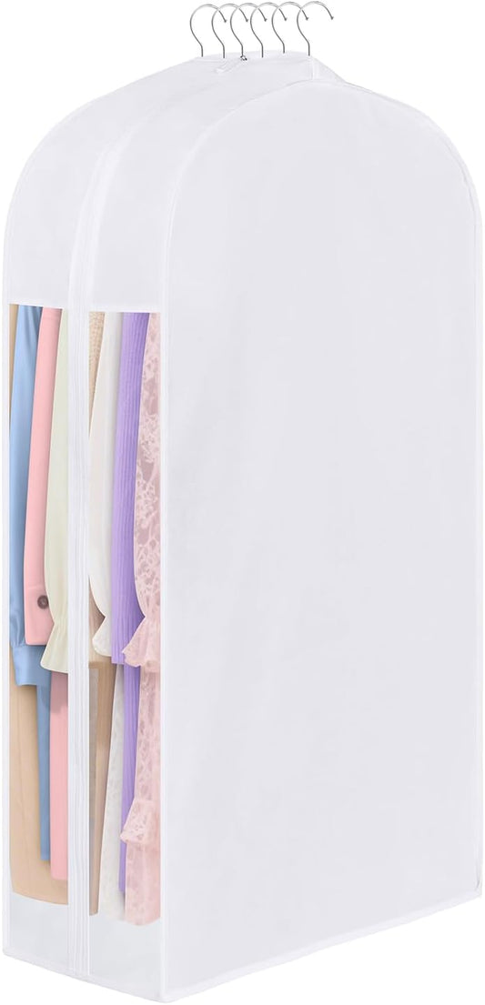 Kntiwiwo 43" Cotton Garment Bag for Hanging Clothes and Storage, Breathable Suit Bags for Closet Storage with 10" Gusseted & Large Clear Window for Suits, Short Dresses, Jackets, Sweaters, 1 Pack