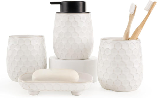 Bathroom Accessory Set 4PCS, Ceramic Bathroom Accessories Set, Bathroom Accessories Sets Complete, White Honeycomb Design, Home Apartment Modern Bath Decor Vanity Countertop, ANTIS'S HOME