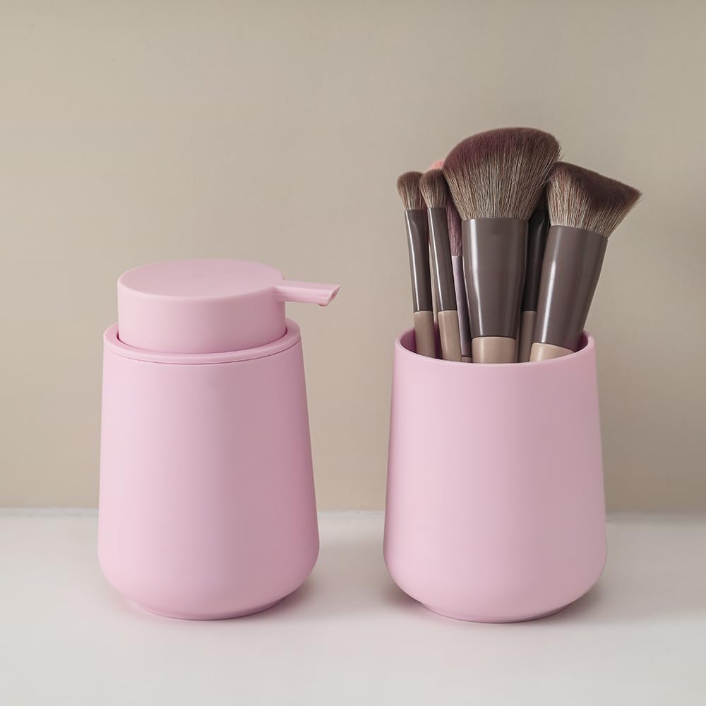 Matte Pink Bathroom Accessories 2 Piece Set Plastic Soap Dispenser and Toothbrush Holder for Modern Bathroom Decor