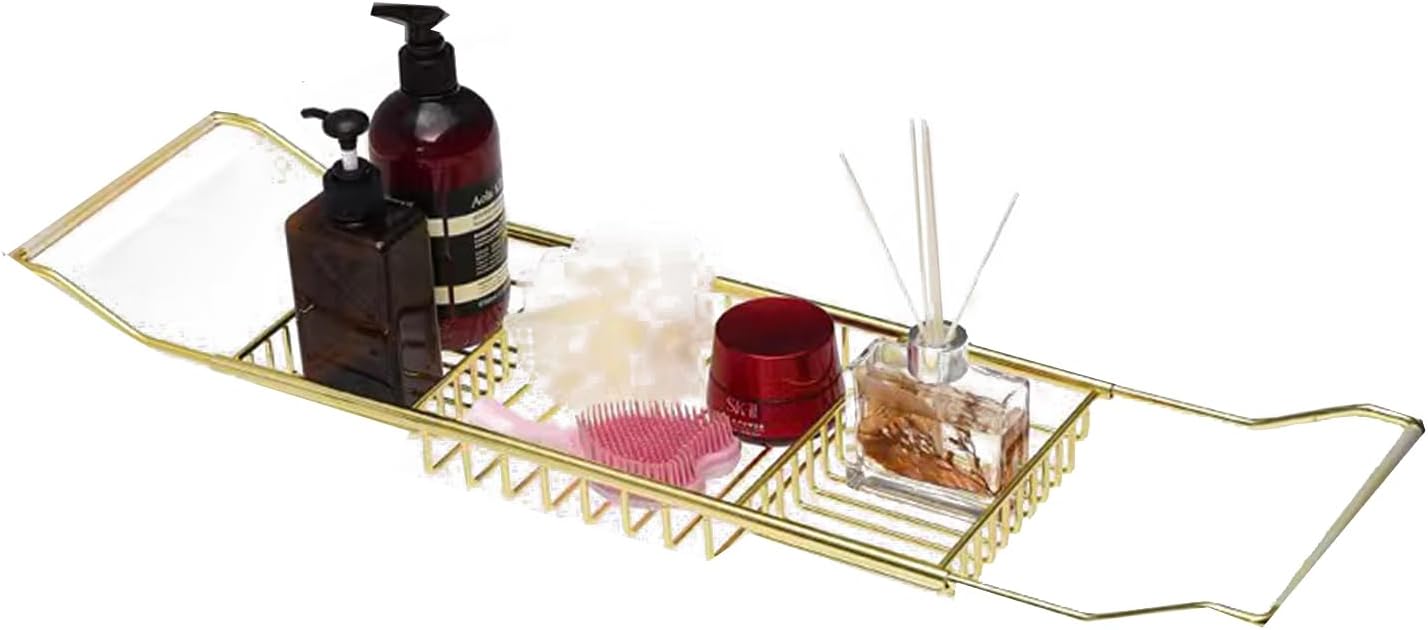 Stainless Steel Expandable Shower Bathtub Tray Over Tub Bath Caddy Expandable Bath Caddy for The Elegant Tub Chrome Polished (Gold)