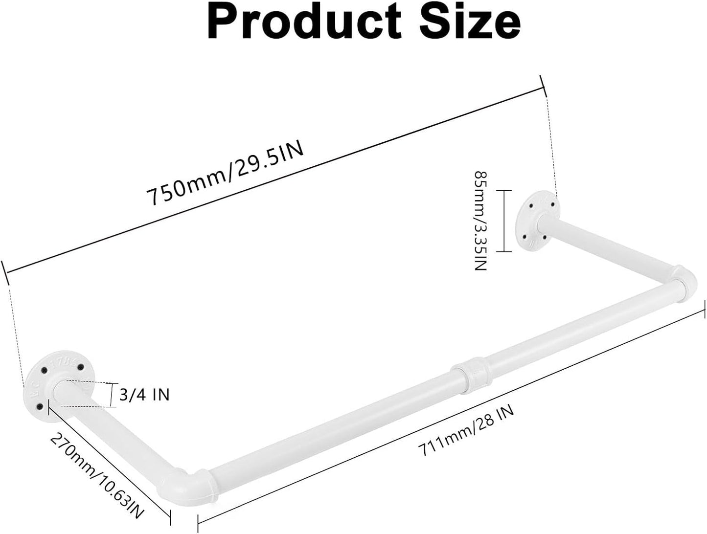 Industrial Iron Pipe Clothes Hanging Bar DIY Wall-Mounted Garment Rack Heavy Duty Clothing Rack for Bedroom, Laundry Room, Closet Storage (White 28 inch)