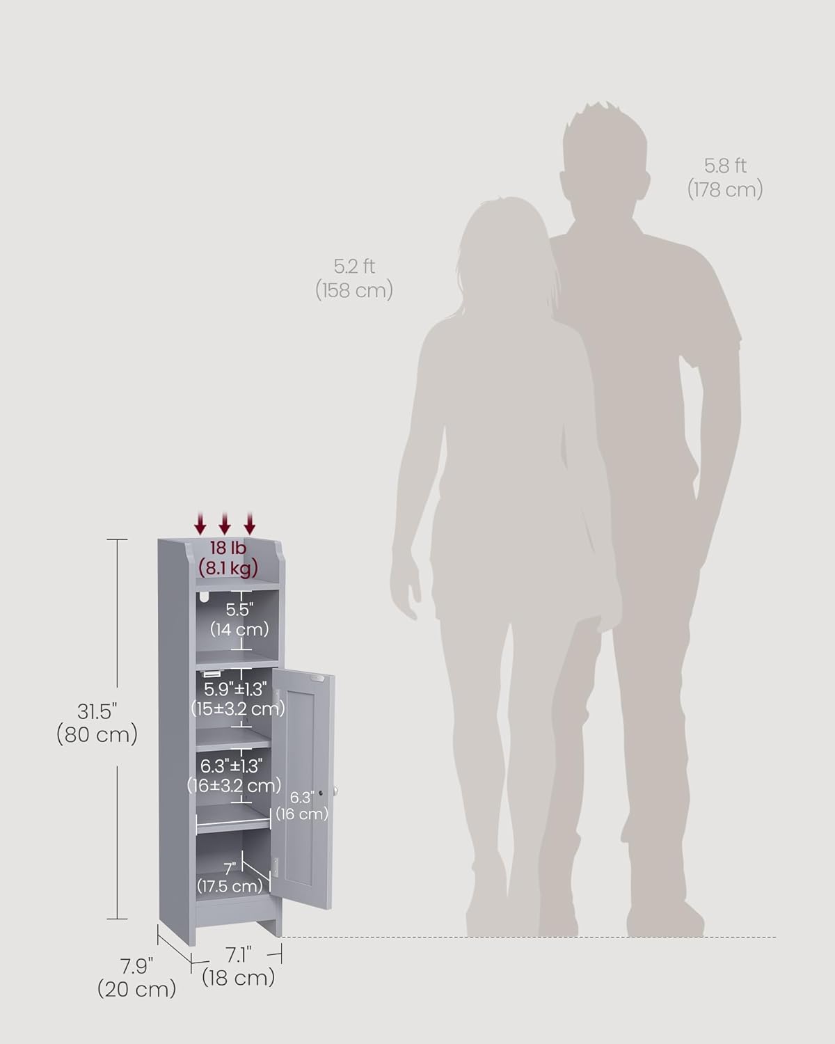 VASAGLE Small Storage Corner Floor Cabinet with Door, 7.9 x 7.1 x 31.5 Inches, Narrow Toilet Paper Storage Holder, Adjustable Shelves, for Bathroom, Living Room, Small Spaces, Dove Gray UBBC310P36