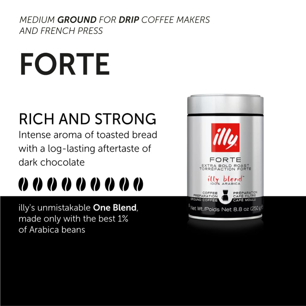 Illy Coffee, Ground Drip Forte, Extra Dark Roast, 100% Arabica Bean Bold Signature Italian Blend, No Preservatives, 8.8 Ounce (Pack Of 1)