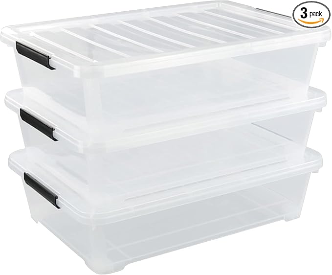 Morcte 40 Quart Plastic Underbed Storage Boxes, Clear Under Bed Plastic Storage Bin with Wheel, 3 Pack