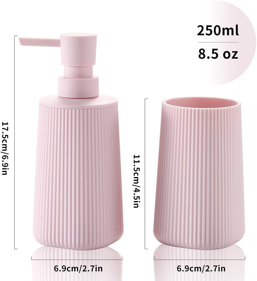 Bathroom Accessories 2 Piece Soap Dispenser and Toothbrush Holder Set Striped Light Pink