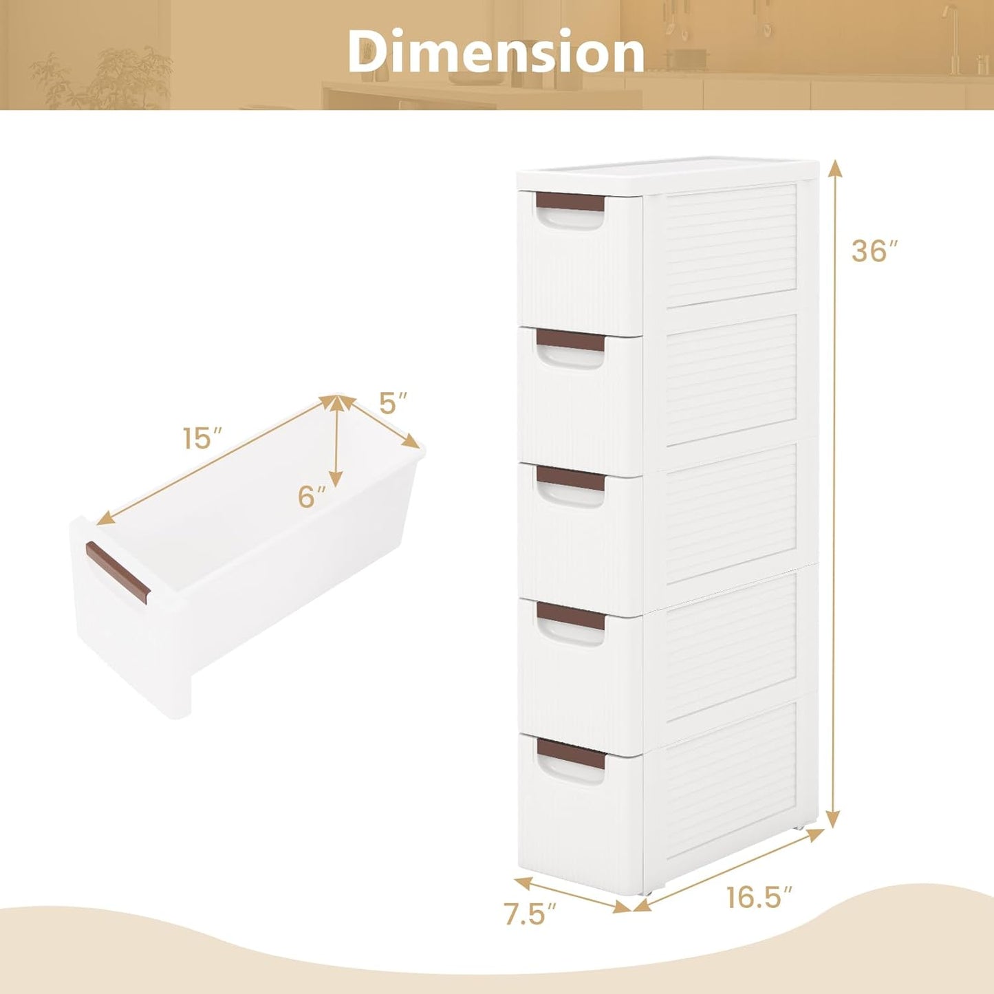 LOKO 5-Drawer Narrow Storage Cabinet, Slim Rolling Cart, Mobile Plastic Cart Container with Pull Handles, Built-in Wheels, for Living Room, Kitchen, Bathroom, Office (7.5"x16.5"x36" (5 Drawer))