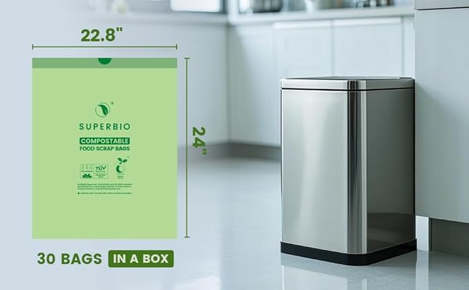 SUPERBIO 8 Gallon Compostable Drawstring Kitchen Waste Bags,30.3 Liter, 30 Count, 1 Mil,Heavy Duty Food Waste Bags, BPI, Seedling and OK compost INDUSTRIAL