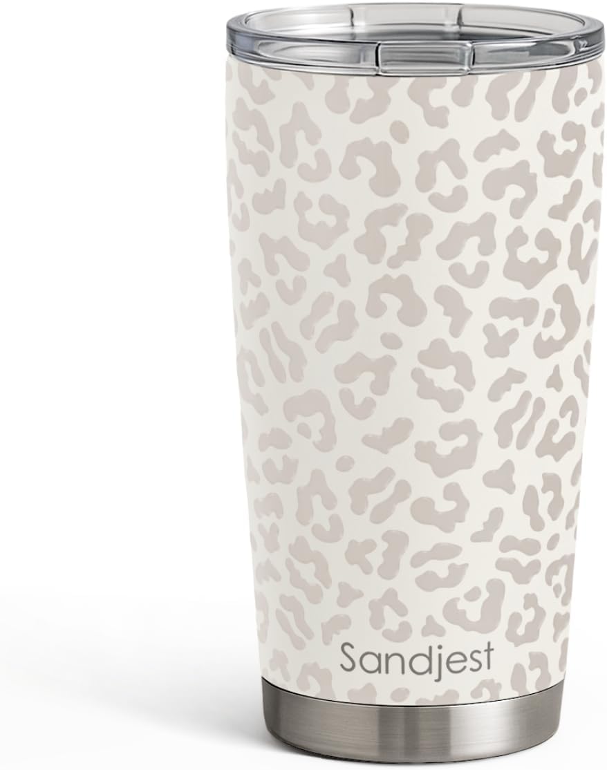 SANDJEST Leopard Print Tumbler 20oz Stainless Steel Insulated, Beige Leopard Travel Coffee Cup, Bow Gifts for Women Girls Teen, Birthday Christmas