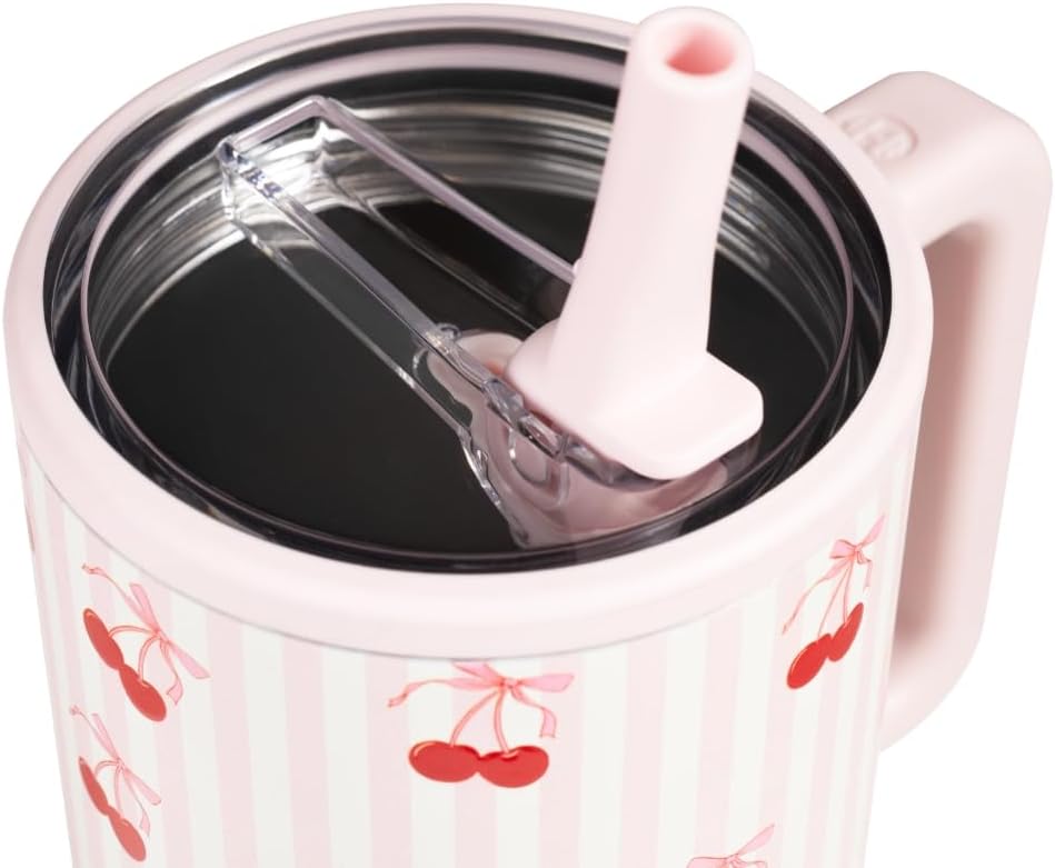 HydroJug Traveler - 40 oz Water Bottle with Handle & Flip Straw - Fits in Cup Holder, Leak Resistant Tumbler-Reusable Insulated Stainless Steel & Rubber Base - Gifts for Women & Men, Sweet Cherry