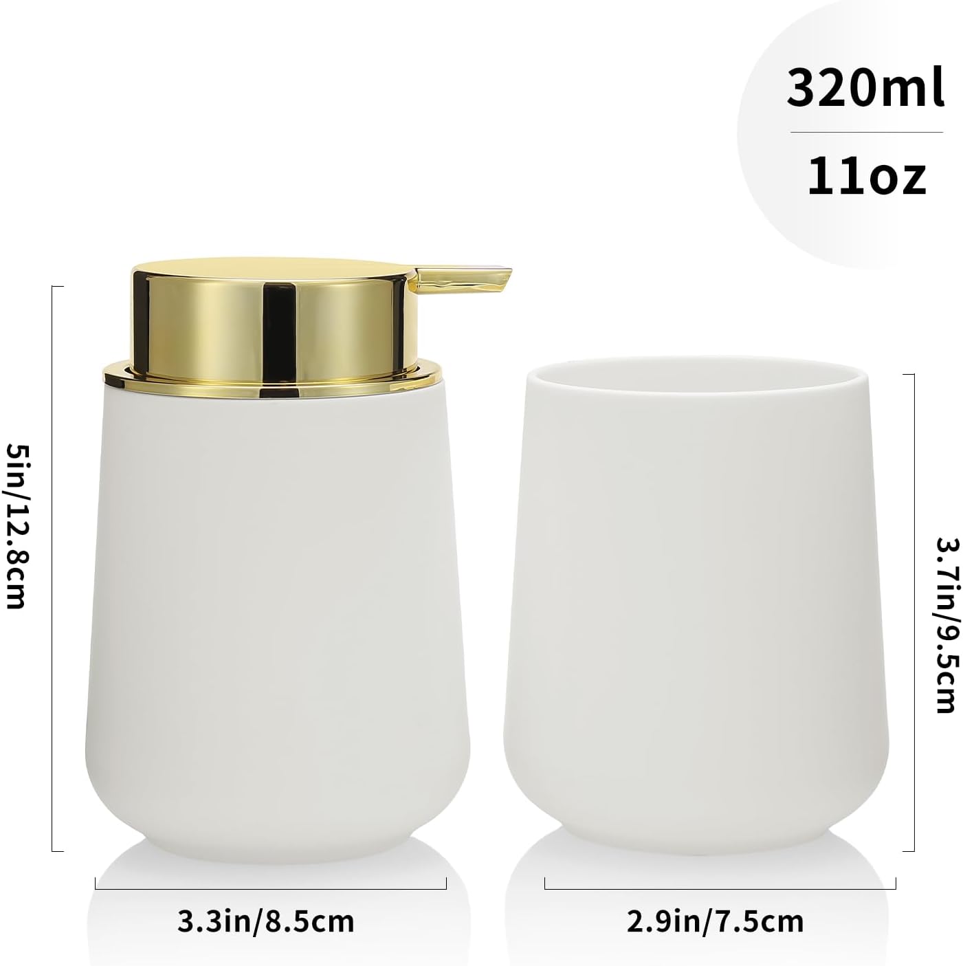 White and Gold Bathroom Accessories 2 Piece Set Luxury Matte Plastic Soap Dispenser and Toothbrush Holder for Modern Bathroom Decor