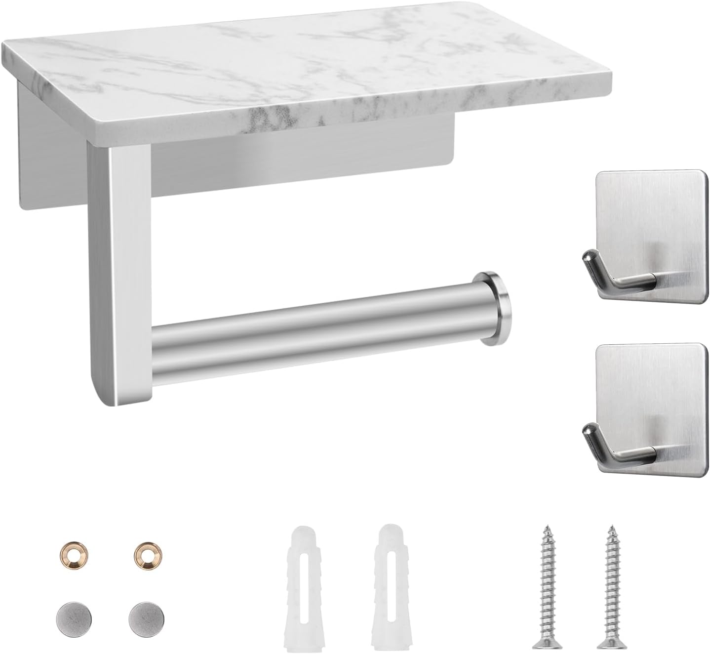 Toilet Paper Holder with Marble Shelf, SUS304 Stainless Steel Wall Mounted Toilet Paper Holder and 2 PCS Free Adhesive Hooks for Bathroom Washroom