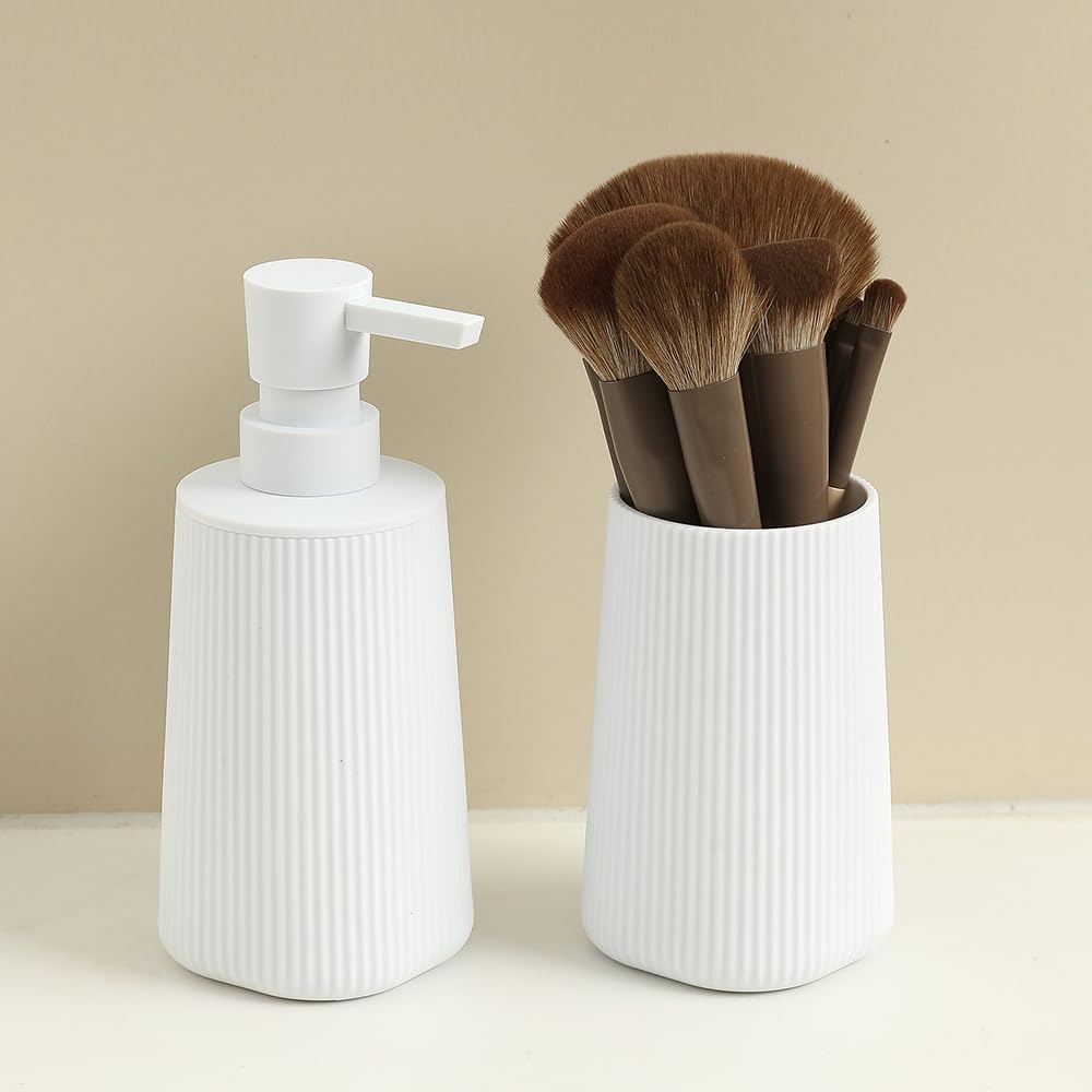 Bathroom Accessories 2 Piece Soap Dispenser and Toothbrush Holder Set Striped White