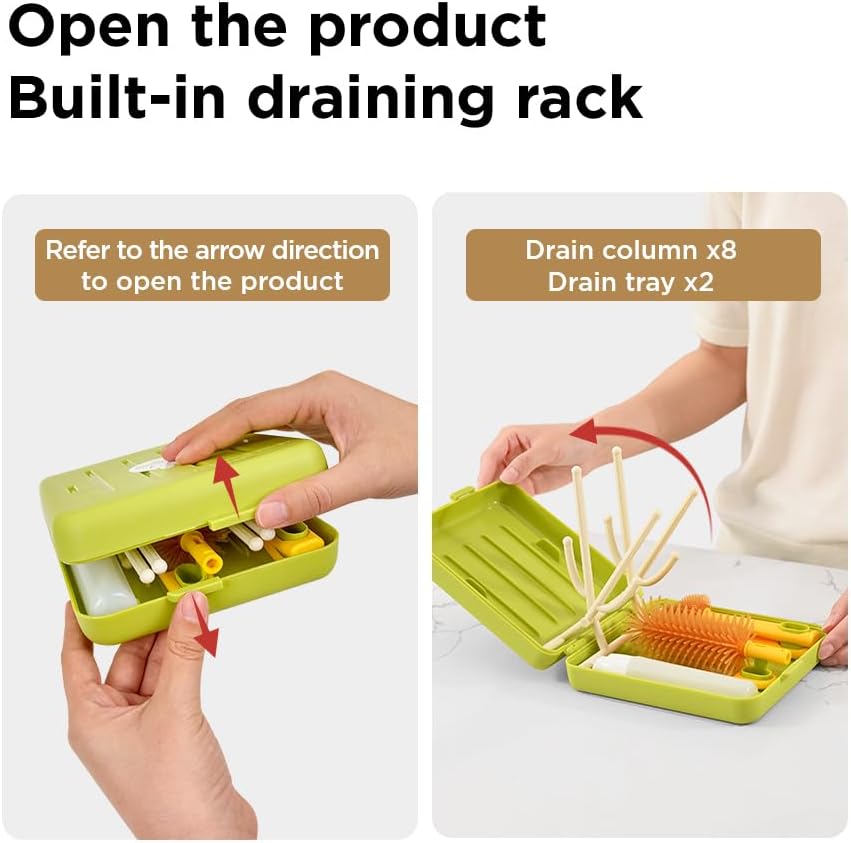 YOTIME Travel Bottle Brush, Travel Bottle Cleaner Kit with Foldable Bottle Drying Rack, for Visit Friends and Relations, Baby Travel Essentials, BPA Free, Green