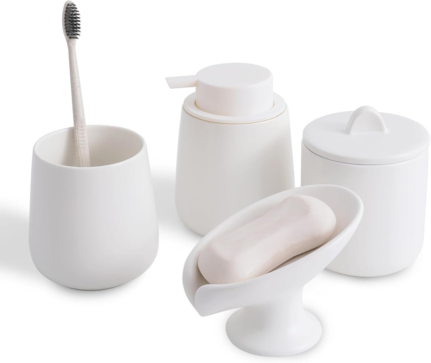 Ceramic Bathroom Accessories Set,Includes Foaming Soap Dispenser, Toothbrush Holder, Soap Dish, Cotton Swab Jar,Bathroom soap and Toothbrush Holder Set,Classic Design(White Set - Foam)