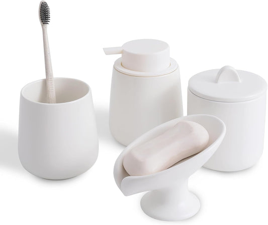 Ceramic Bathroom Accessories Set,Includes Foaming Soap Dispenser, Toothbrush Holder, Soap Dish, Cotton Swab Jar,Bathroom soap and Toothbrush Holder Set,Classic Design(White Set - Foam)
