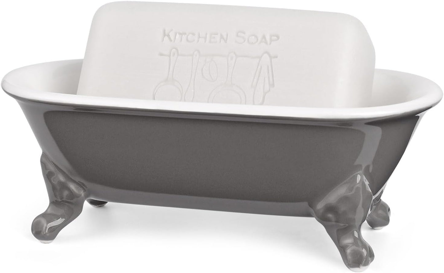 6.5" Ceramic Mini Decorative Clawfoot Bathtub Bar Soap Dish, Kitchen Sponge Holder and Shower Tray for Bathroom, 1 Pack(Stone Gray)