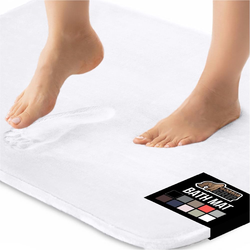 GORILLA GRIP Thick Memory Foam Bath Rugs, Soft Absorbent Velvet Bathroom Mats, Durable Dots on Underside, Machine Washable Bathmat, Carpet Rug Room Decor for Shower Floor, 36x24 Mat, White