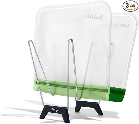 (re) zip Reusable Bag Drying Rack and Organizer | Includes 2 Reusable Leakproof Flat Lunch Bags | Wide Prongs for Drying, Vertical Storage for Easy Access | Disassembles for Effortless Storage