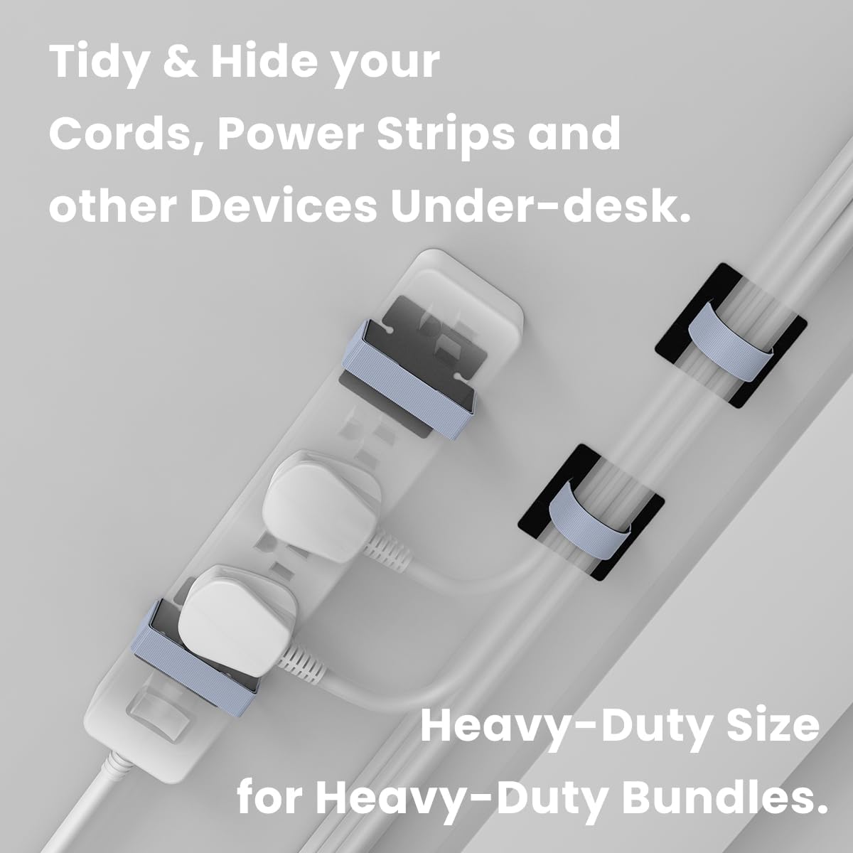 Under Desk Cord Management Straps, Adhesive-Backed Heavy-Duty Reusable Mounting Straps, Cable Management, Self Adhesive Hook and Loop Strap Set, for Large Cord Bundles, Power Strips & Devices