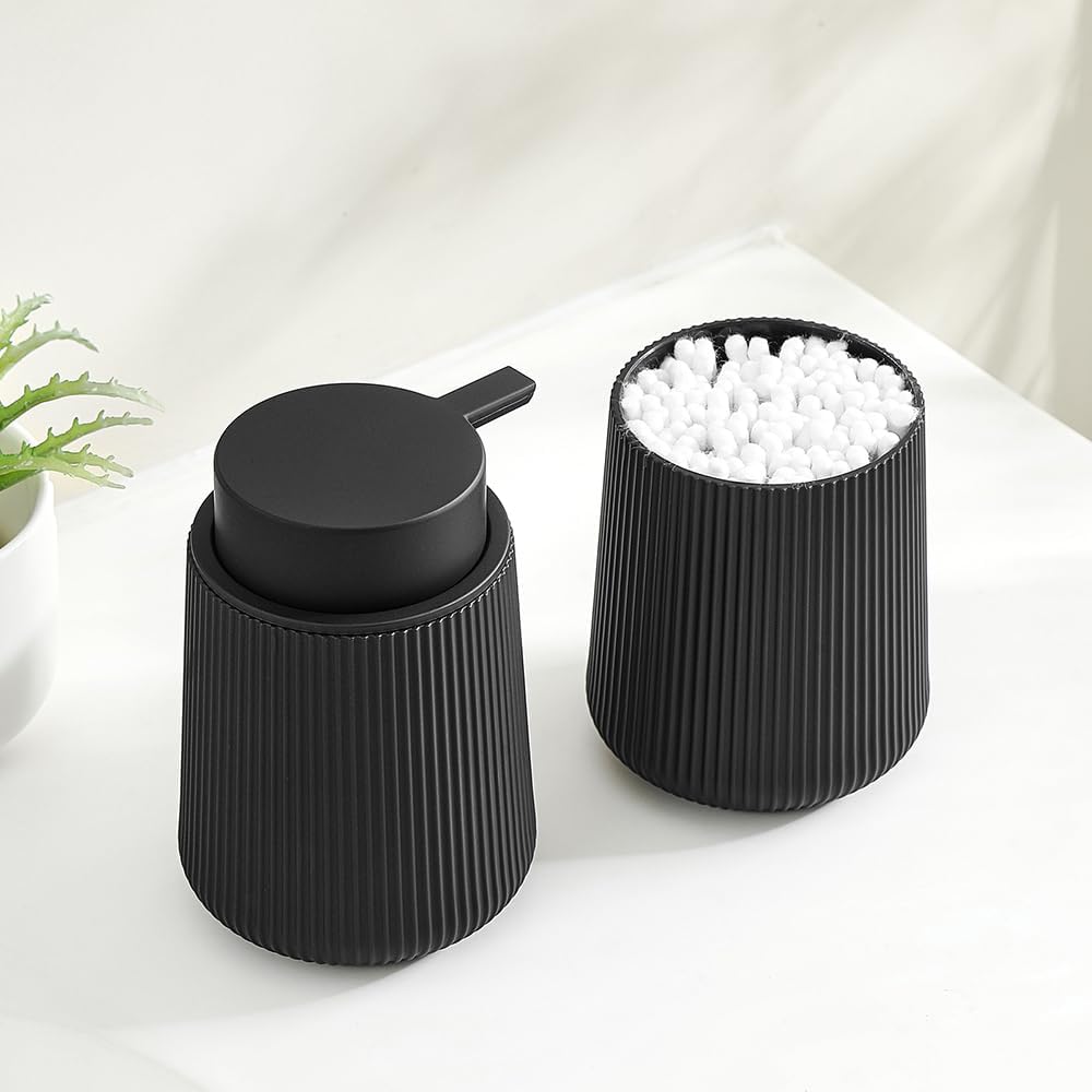 Bathroom Accessories 2 Piece Soap Dispenser and Toothbrush Holder Set Black Striped Round