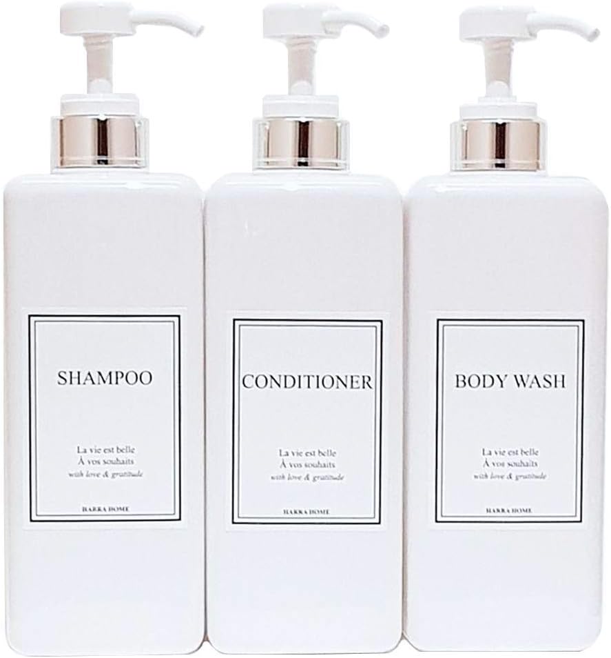 Modern Design Large 27 oz Shampoo and Conditioner Dispensers - Empty Plastic Refillable Pump Bottle Set for Bathroom Shower Soap Dispenser, Gift Box Included, Set of 3, (White & Silver)