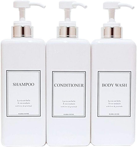 Modern Design Large 27 oz Shampoo and Conditioner Dispensers - Empty Plastic Refillable Pump Bottle Set for Bathroom Shower Soap Dispenser, Gift Box Included, Set of 3, (White & Silver)