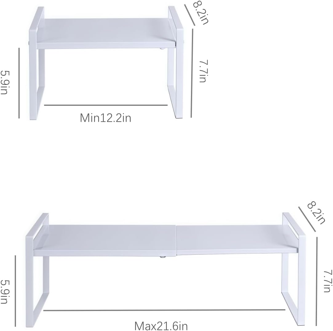 Expandable Cabinet Shelf Organizer Riser for Kitchen Pantry Cupboard Under Sink Countertop (white, 8.2’’D * 12.2-21.6’’W * 7.7’’H)