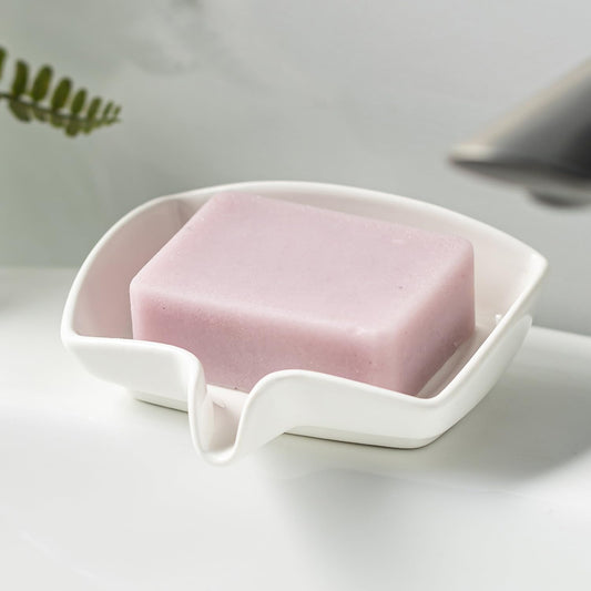 Soap Dish with Waterfall Design, Ceramic Soap Holder Self Draining Bar Soap Saver for Sink Bathroom Shower Kitchen to Keep Organized and Clean, White