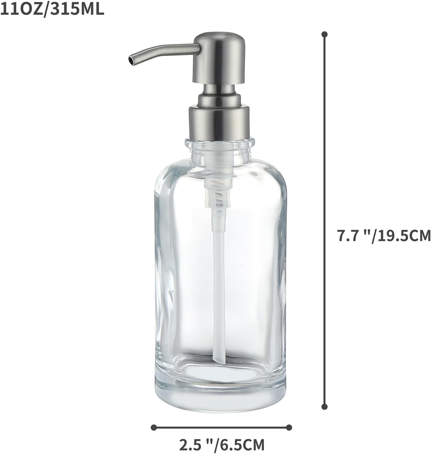 Bathroom Soap Dispenser Black, 11 oz Glass Cylindrical Bottles with Stainless Steel Pump Liquid Hand Soap Dispenser Kitchen