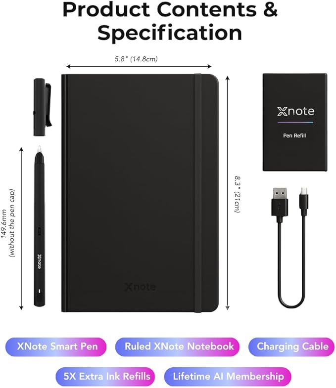 XNote Smart Pen & Notebook Starter Set – AI-Powered Digital Note Taking, Real Paper Writing Syncs to App, Bluetooth Smart Notebook, 17-Hr Battery, Official Bundle with 5 Ink Refills