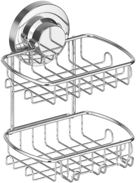 Soap Dish for Shower Suction Cup Powerful Vacuum System Rustproof 304 Stainless Steel Basket Sponges Holder with Razor Hooks for Bathroom or Kitchen Soap Holder, 2 Tier (Silver)
