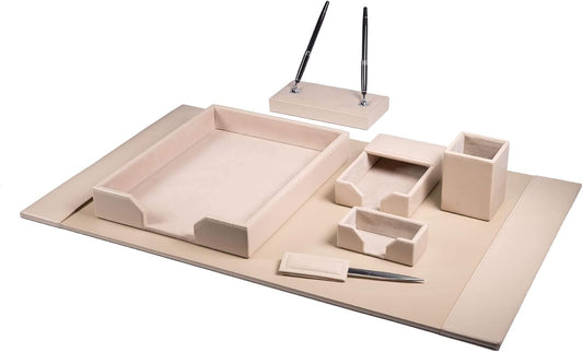 Dacasso Bonded Set Luxury Leather Desk Pad & Desk Organization Essentials, 7 Piece, White Latte