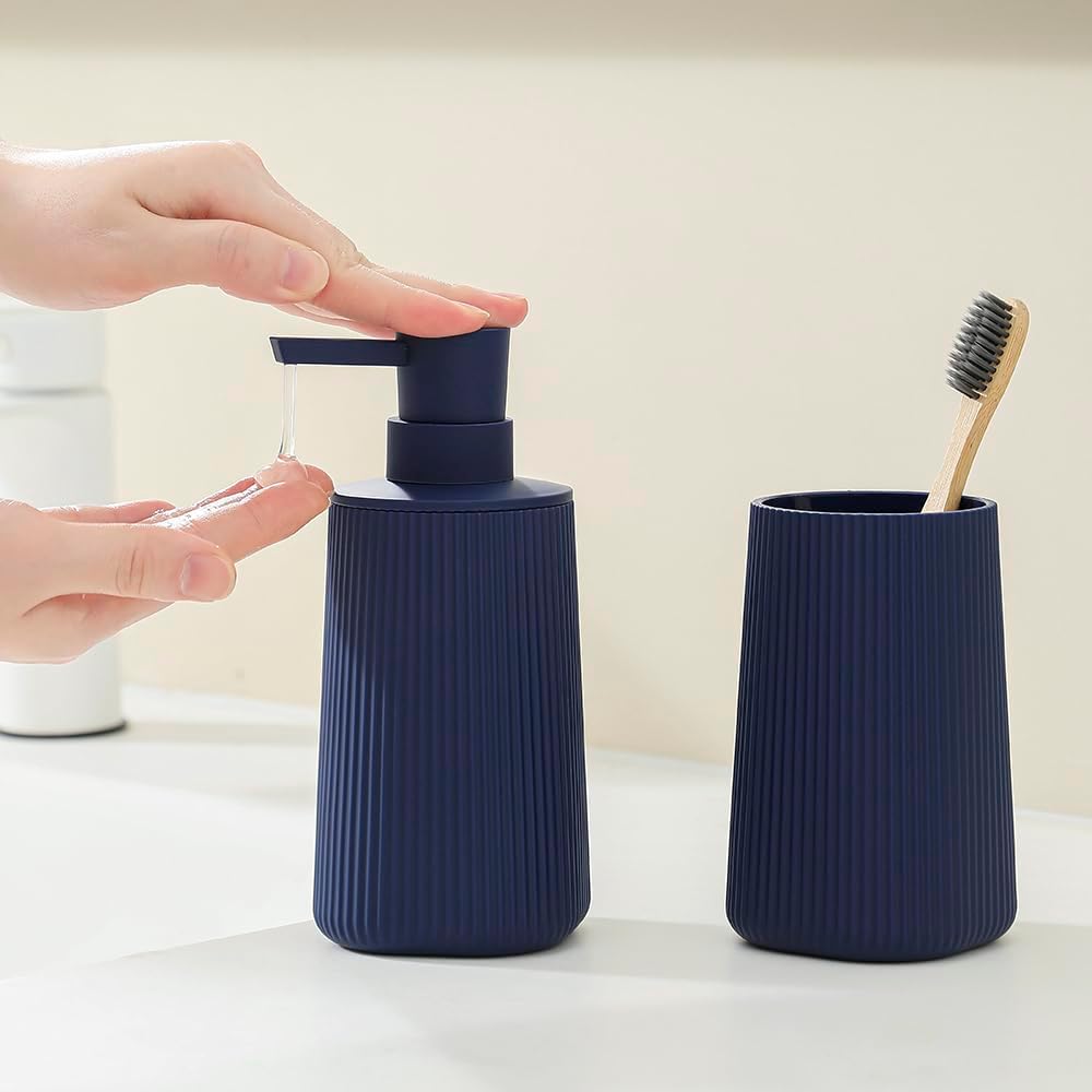 Bathroom Accessories 2 Piece Soap Dispenser and Toothbrush Holder Set Striped Navy Blue