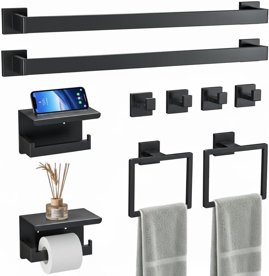 10 Pcs SUS304 Stainless Steel Bathroom Accessories Set, 23.6" Towel Bar, Multi-Purpose Toilet Paper Holder, Towel Ring, Towel Hooks, Minimalist Design for All Styles Bathrooms (Matte Black)