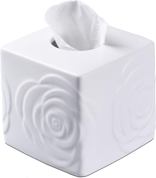 White Ceramic Rose Tissue Box Cover, Carved Flowers Large Square Tissue Box Holder Decorative for Bathroom, Vanity, Kitchen Countertop, Bedroom Night Stands, Office Desk Top