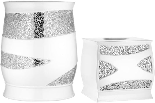 Zahari Home 2pc Sinatra White Modern Bath Accessories Set Waste Basket & Tissue Box Modern Decorative Beautiful Designs Bathroom Decor Set for Home Luxury Bath Set Mosaic Glass