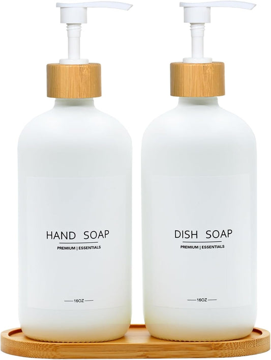 Luxury Glass Soap Dispenser Set - 2 Refillable 16.9oz Bottles, Bamboo Pump & Tray for Farmhouse & Modern Decor, 9 Waterproof Labels for Kitchen/Bathroom (White Bottle+White Bamboo Pumps+Tray)