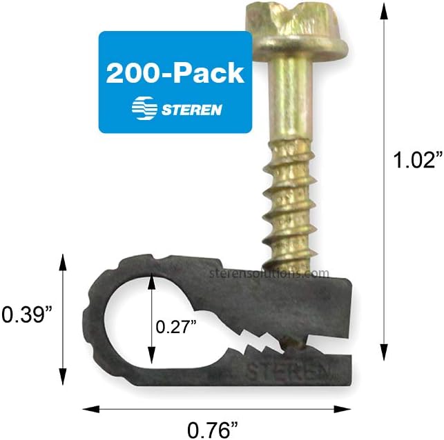 STEREN Coaxial Cable Clips - Cable Holder - Siding Clips for Hanging - Cord Holder for Desk - Cable Clamps - Cord Clip - Wire Organizer Clips - Tv Mount Screws (Black, 200 Count - Single Screw)
