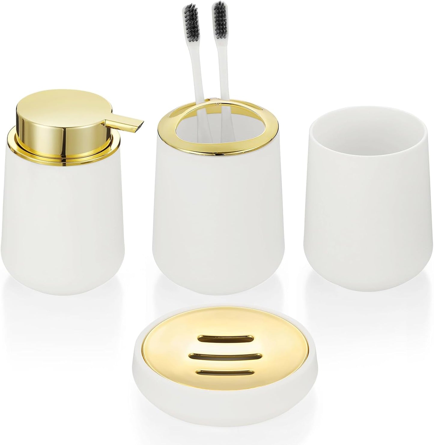White and Gold Bathroom Accessories 4 Piece Set Luxury Matte Plastic Soap Dispenser Toothbrush Holder Cup Soap Dish for Modern Bathroom Deco