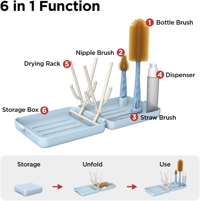 YOTIME Travel Bottle Brush, Travel Bottle Cleaner Kit with Foldable Bottle Drying Rack, for Visit Friends and Relations, Baby Travel Essentials, BPA Free, Blue