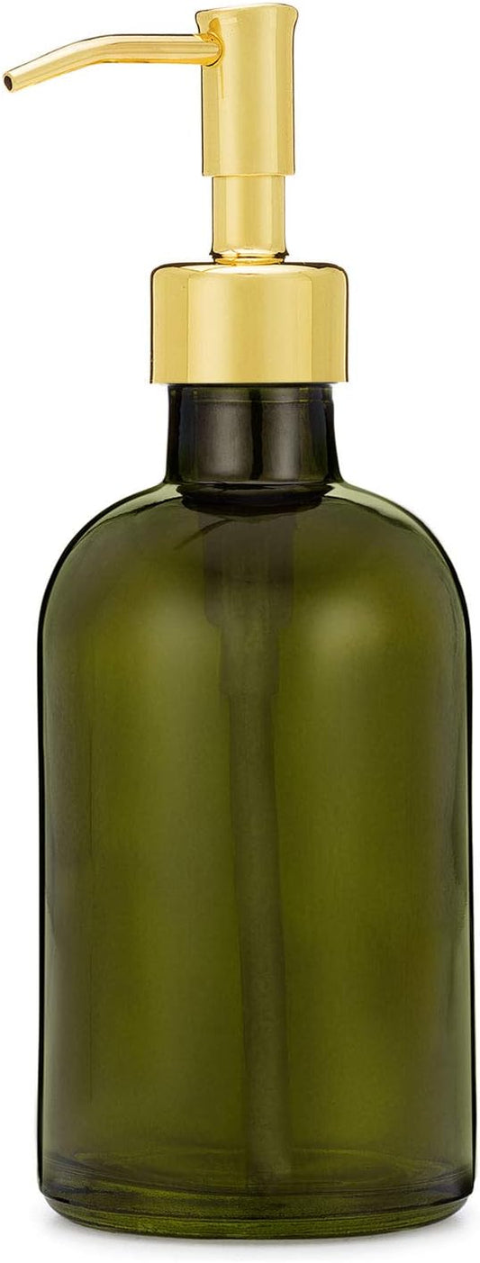 Rail19 Forest Green Glass Lotion & Soap Dispenser with Metal Pump, 8oz (Polished Gold)