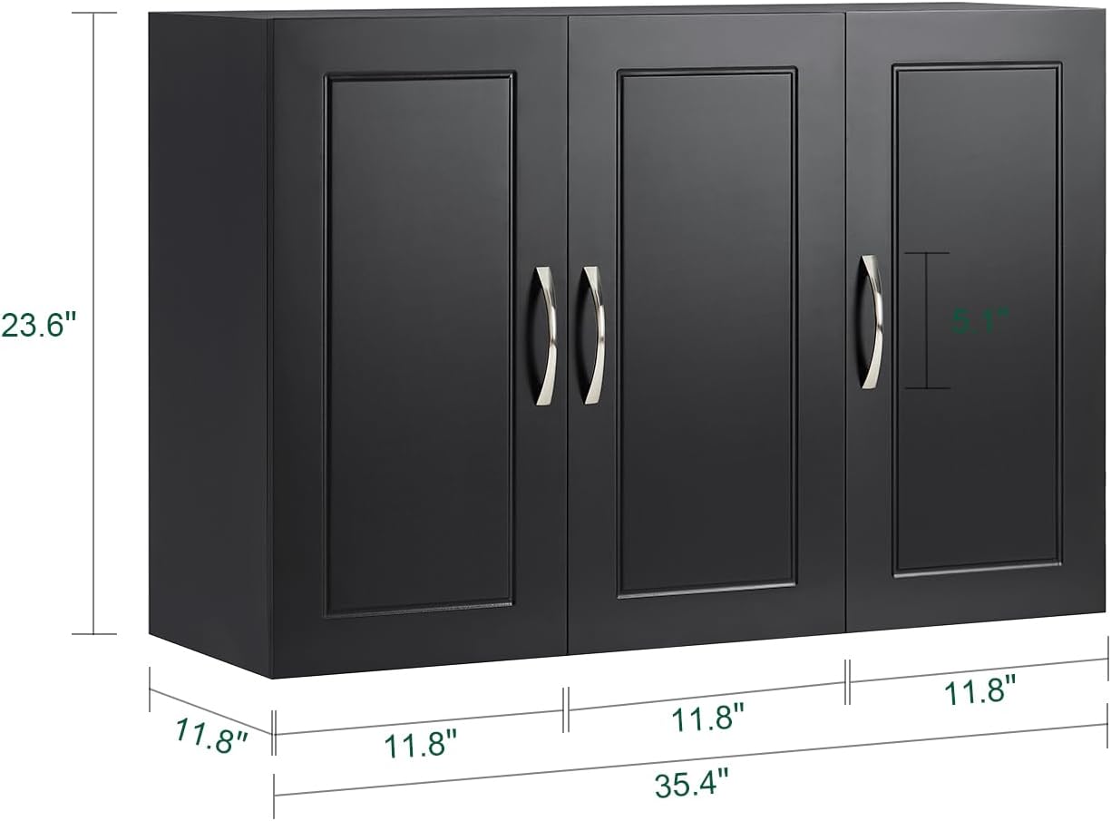 3-Doors Bathroom and Laundry Room Wall Cabinet with Adjustable Shelves, Wall Mounted MDF Storage Organizer Over Toilet or Washer, Black, HUS-FRG231-L